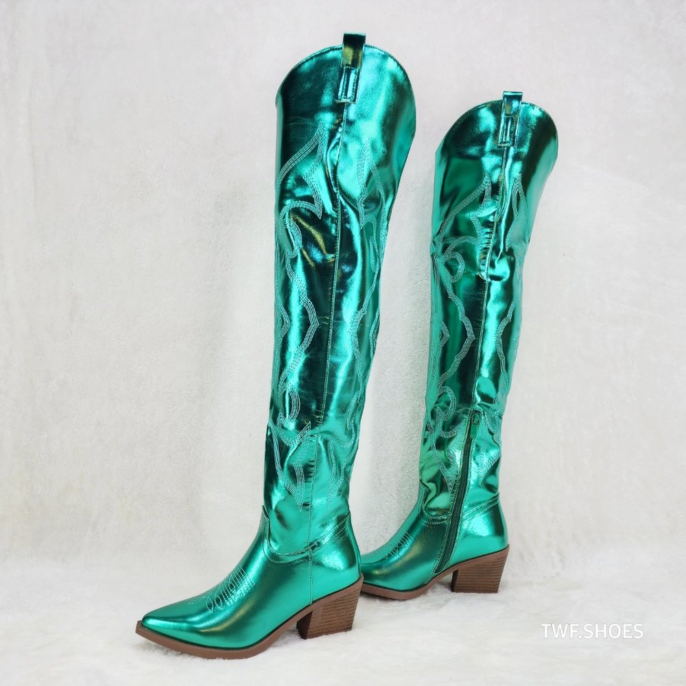 Country Disco Cowboy Metallic Green Western Cowgirl OTK Thigh Boots New - Picture 9 of 15